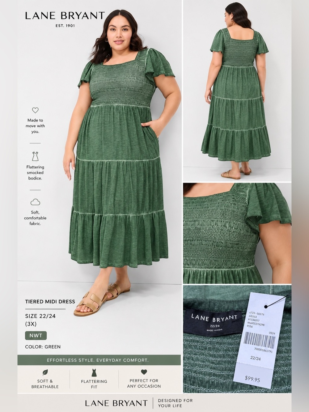 Lane Bryant Smocked-Bodice Flutter-Sleeve Maxi Dress Olive Size 22/24  3X NWT